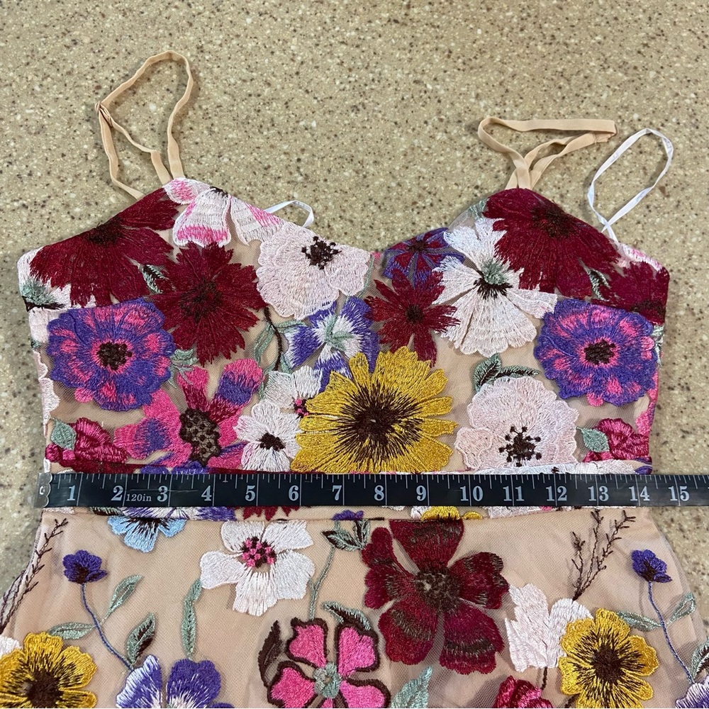 NWOT Lulus Garden Grandeur Beige Floral Embroidered A-Line Mini Dress - Picture 2 of 10